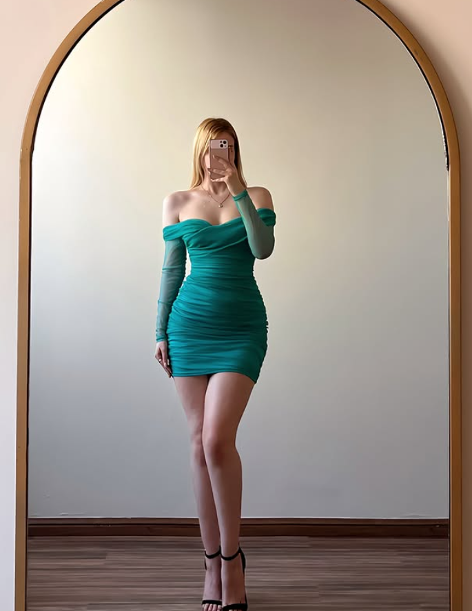 Lake Blue Sheath Long Sleeve Tulle Short Prom Dress Homecoming Dress S ...