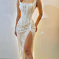 Sexy Sheath Strapless Ivory Lace Prom Dress Evening Dress with Slit SH2274