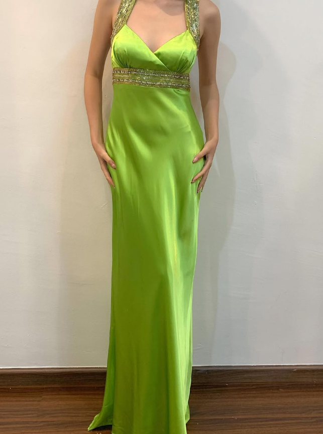 Vintage Sheath Strap Beaded Sequin Green Satin Open Back Prom Dress Evening Dress SH2163