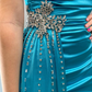 Elegant Blue A Line Straps Beaded Satin Slit Long Prom Dress Evening Dress SH6780