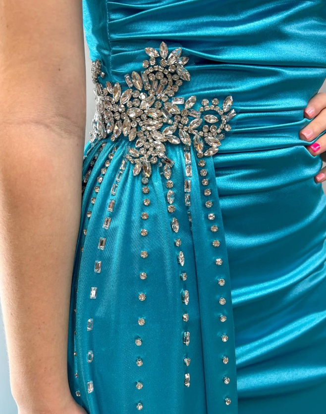 Elegant Blue A Line Straps Beaded Satin Slit Long Prom Dress Evening Dress SH6780