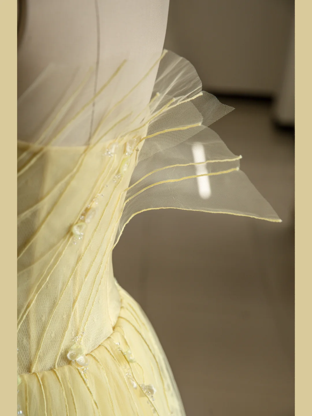 Stunning A Line Strapless Flower Light Yellow Tulle Long Prom Dress Evening Dress SH2993