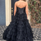 Black Strapless Multi-Layers Tulle Long Prom Dress SH911