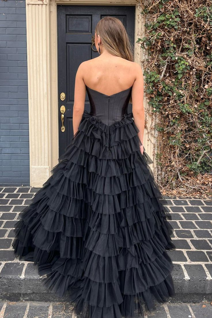 Black Strapless Multi-Layers Tulle Long Prom Dress SH911
