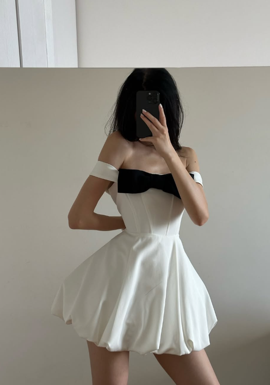 Cute Bow A Line Off the Shoulder White Satin Short Homecoming Dress Party Dress SH3959