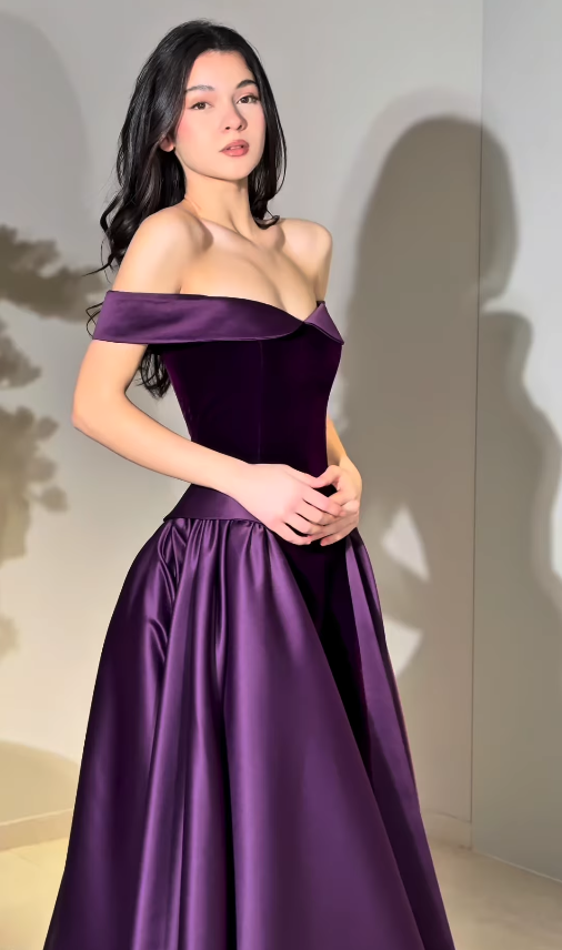 Elegant Purple A Line Off the Shoulder Velvet Satin Long Prom Dress Evening Dress SH6746
