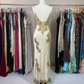 Vintage Sheath Spaghetti Strap Lace Champagne Satin Party Dress Evening Dress with Slit SH3345
