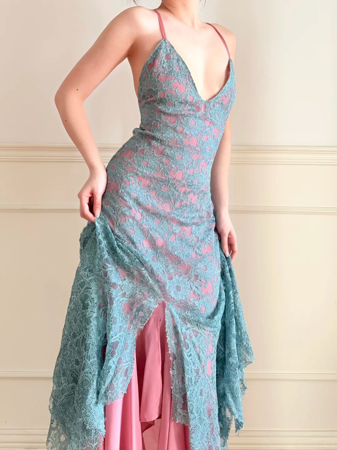 Sexy Mermaid Straps Blue Lace Pink Chiffon Long Prom Dress Wedding Guest Dress SH5504