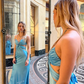 Blue A Line Halter Satin Open Back Long Wedding Guest Dress Party Dress SH3311