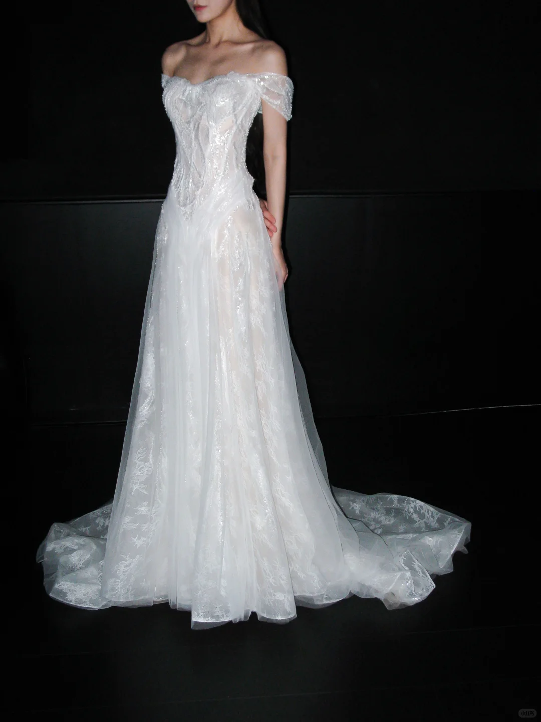 Dreamy A Line Off the Shoulder White Beaded Lace Tulle Long Train Wedding Dress SH8902