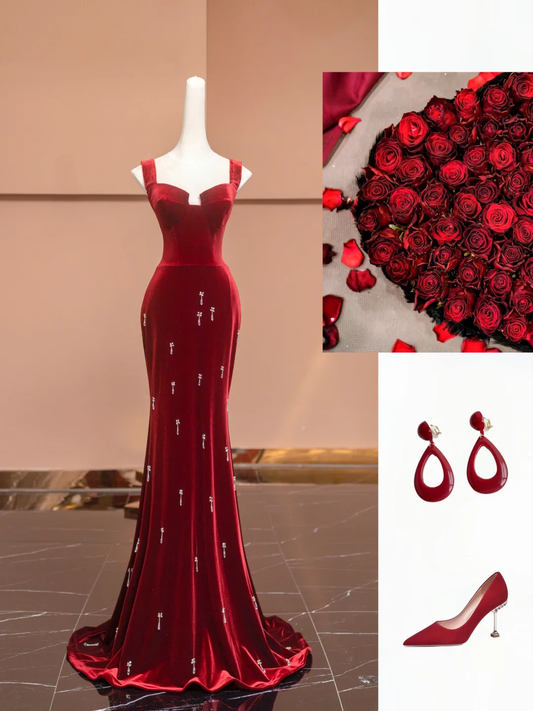 Burgundy Mermaid Straps Beaded Velvet Long Prom Dress Party Dress SH4370