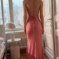 Gentle Coral Pink Mermaid Spaghetti Strap Satin Long Prom Dress Formal Gown SH4100