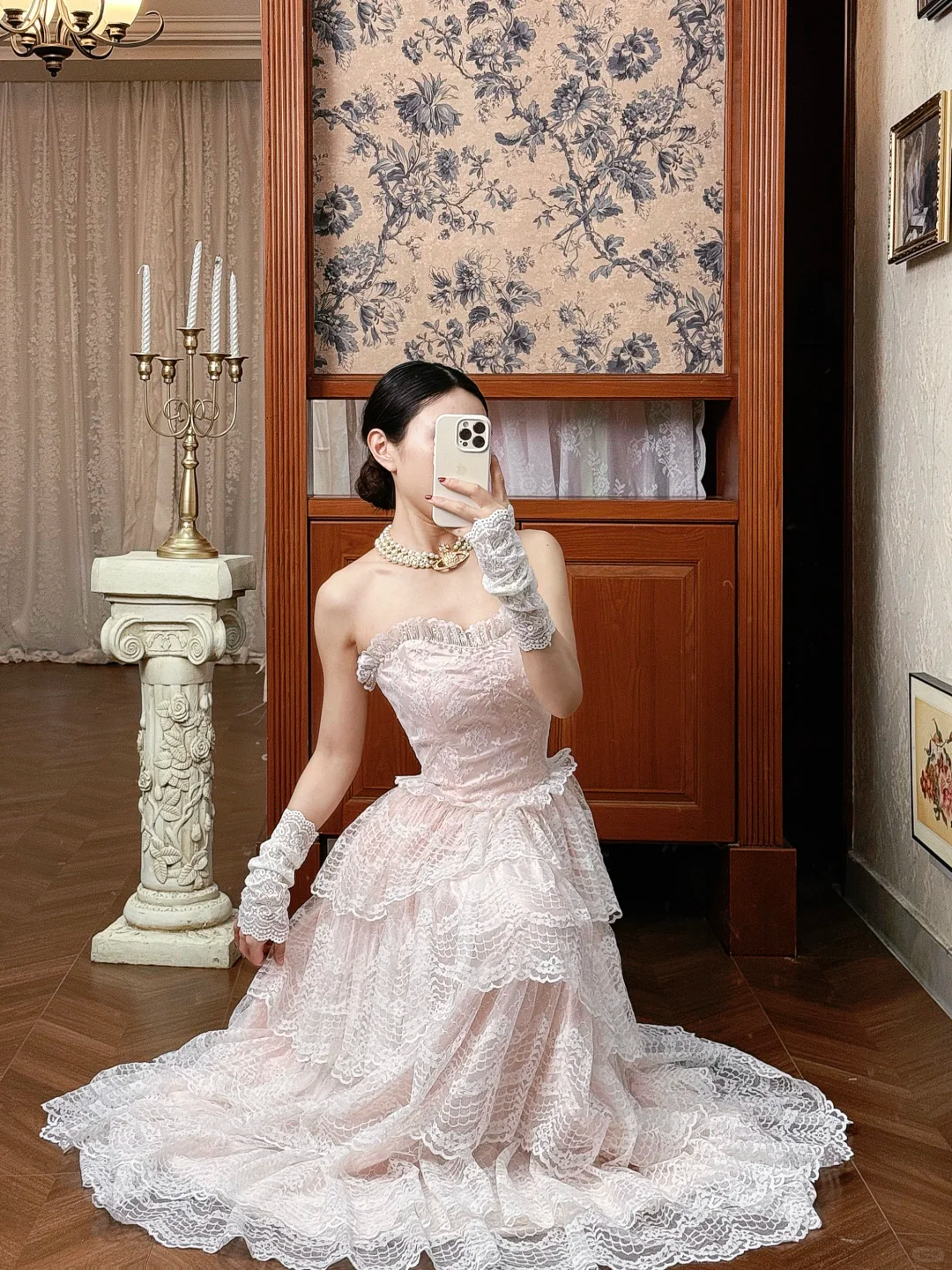 Vintage Princess Light Pink A Line Layered Lace Long Prom Dress Evening Dress SH5657