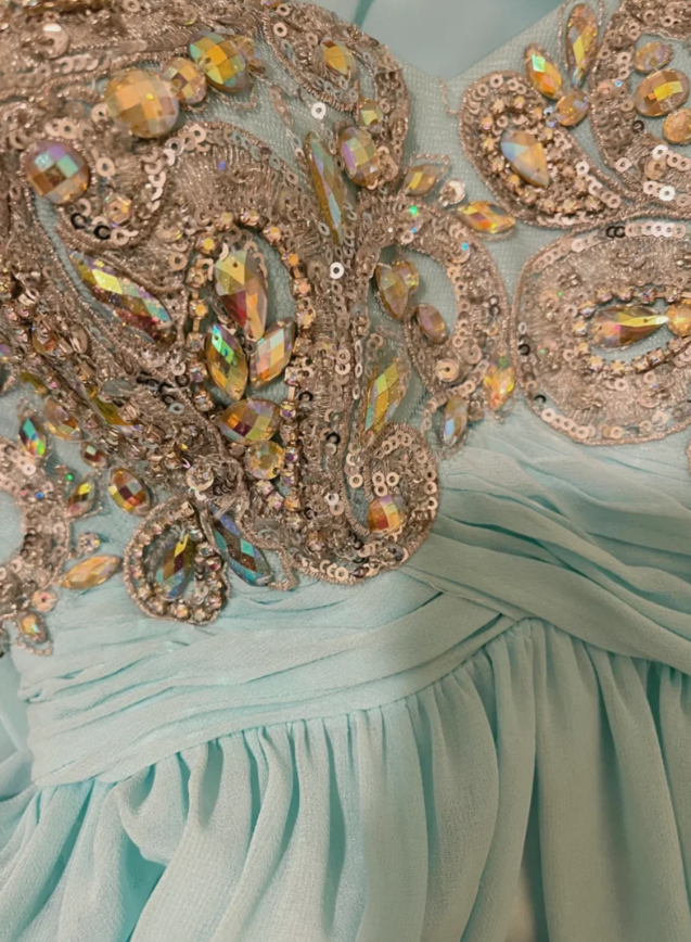 Blue A Line Sweetheart Neck Rhinestone Chiffon Satin Prom Dresses 16th Birthday Dresses SH4638