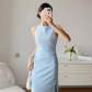 Baby Blue Sheath Round Neck Satin Prom Dress Evening Dress Party Dress SH4217