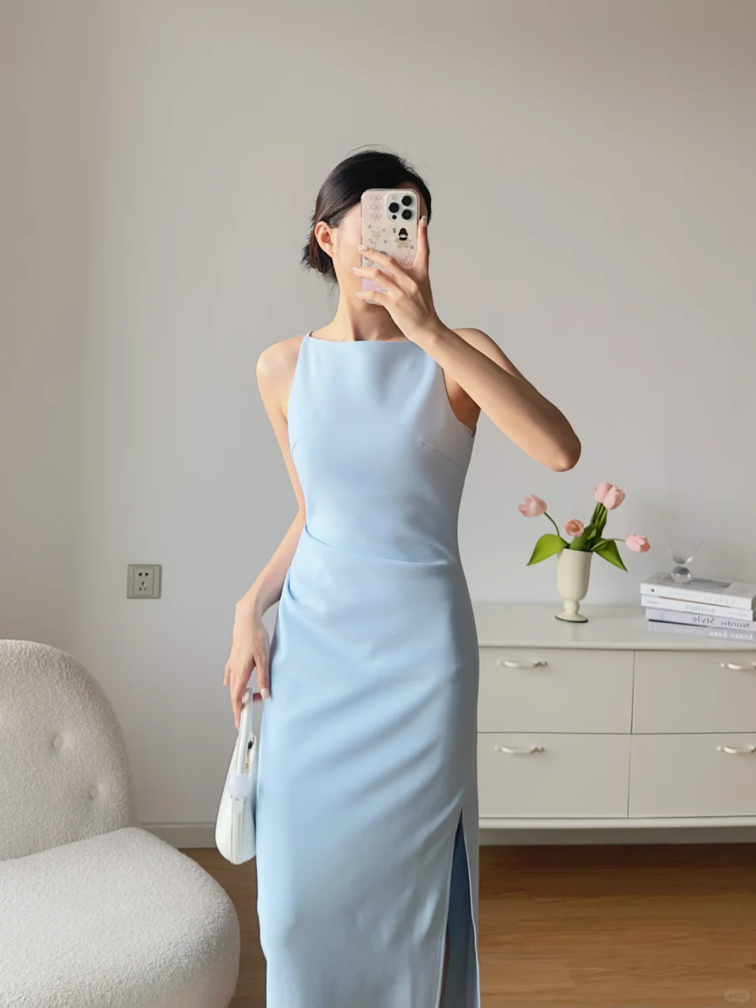 Baby Blue Sheath Round Neck Satin Prom Dress Evening Dress Party Dress SH4217