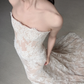 Apricot Sheath Strapless Lace Long Train Wedding Dress SH7723