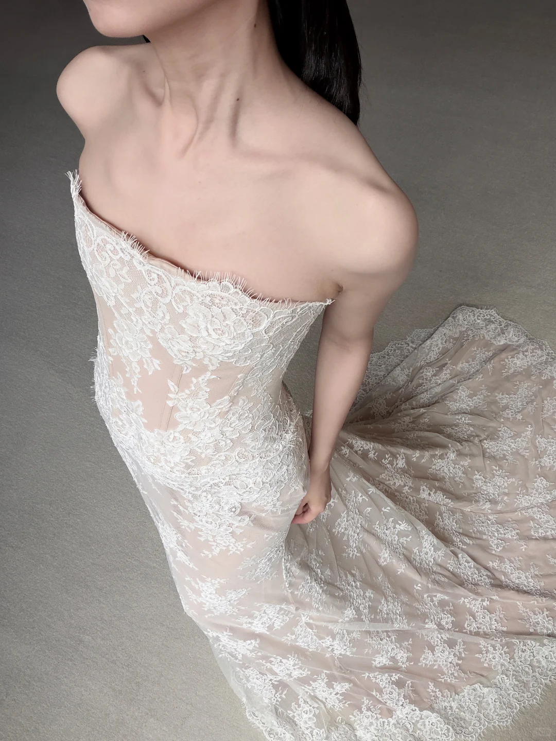 Apricot Sheath Strapless Lace Long Train Wedding Dress SH7723