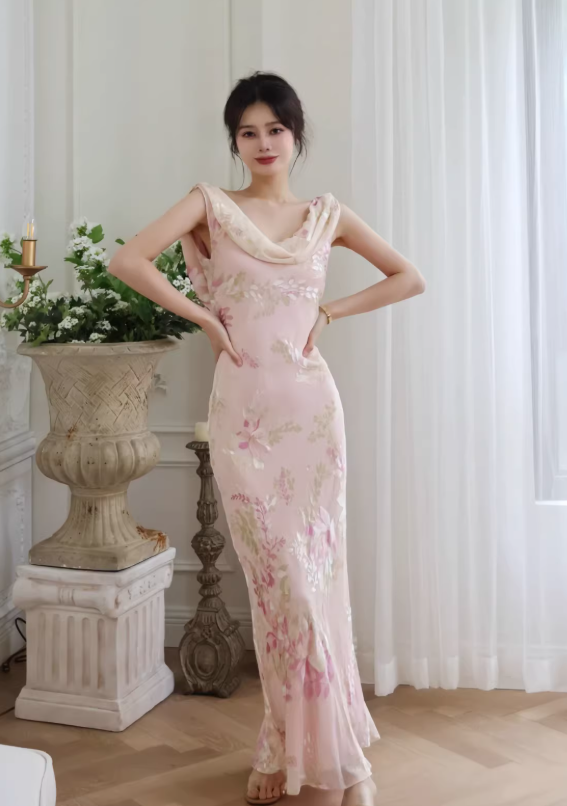 Gentle Retro Mermaid Straps Print Floral Purple Satin Prom Dress Formal Dress SH4021