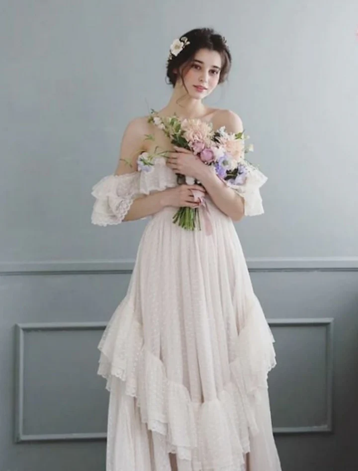 Elegant A Line Off the Shoulder Tiered White Tulle Long Prom Dress Evening Dress SH2632