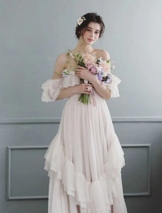 Elegant A Line Off the Shoulder Tiered White Tulle Long Prom Dress Evening Dress SH2632