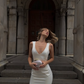 White Elegant Mermaid V Neck Satin Long Prom Dress Wedding Dress SH4616