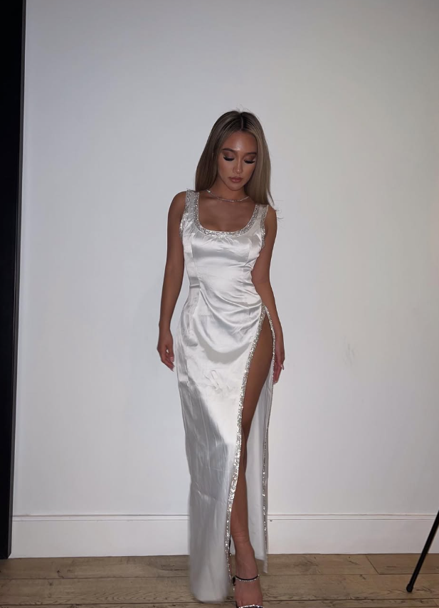 White Sheath Spaghetti Strap Beaded Satin Long Prom Dress Evening Dress SH8973