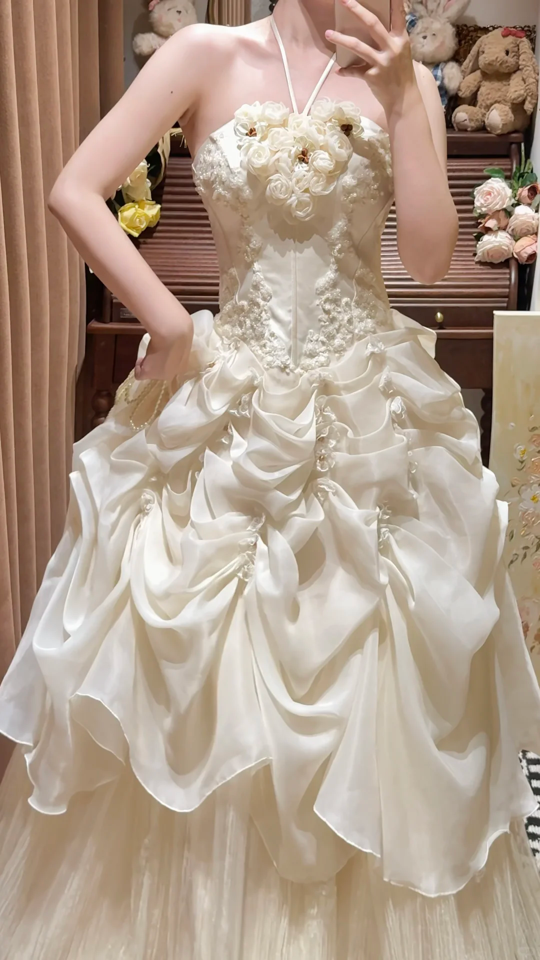 White A Line Halter Floral Beaded Pleated Organza Prom Dresses 18th Birthday Dresses SH4639