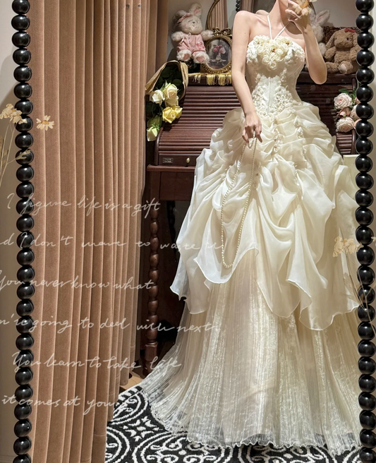 White A Line Halter Floral Beaded Pleated Organza Prom Dresses 18th Birthday Dresses SH4639