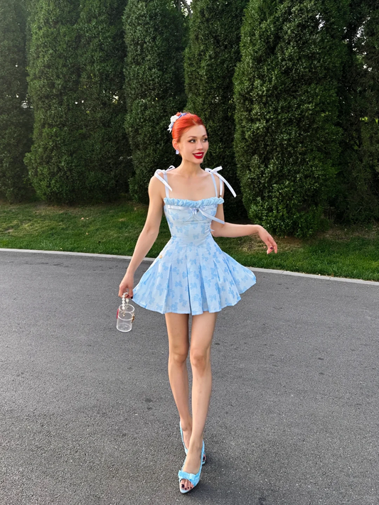 Blue A Line Spaghetti Strap Print Floral Satin Party Dress Homecoming Dress SH4304