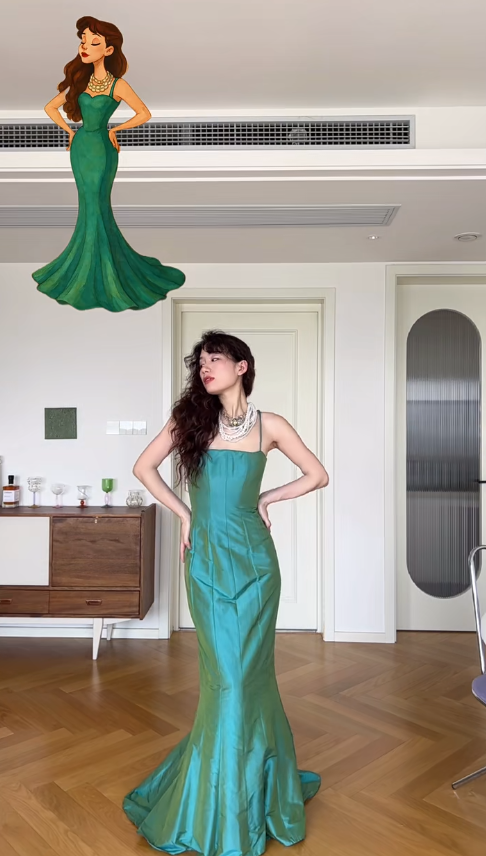 Vintage Green Mermaid Spaghetti Strap Satin Prom Dress Wedding Guest Dress SH4548