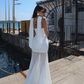 Simple White Mermaid Strapless Chiffon Satin Date Dress Prom Dress SH3885