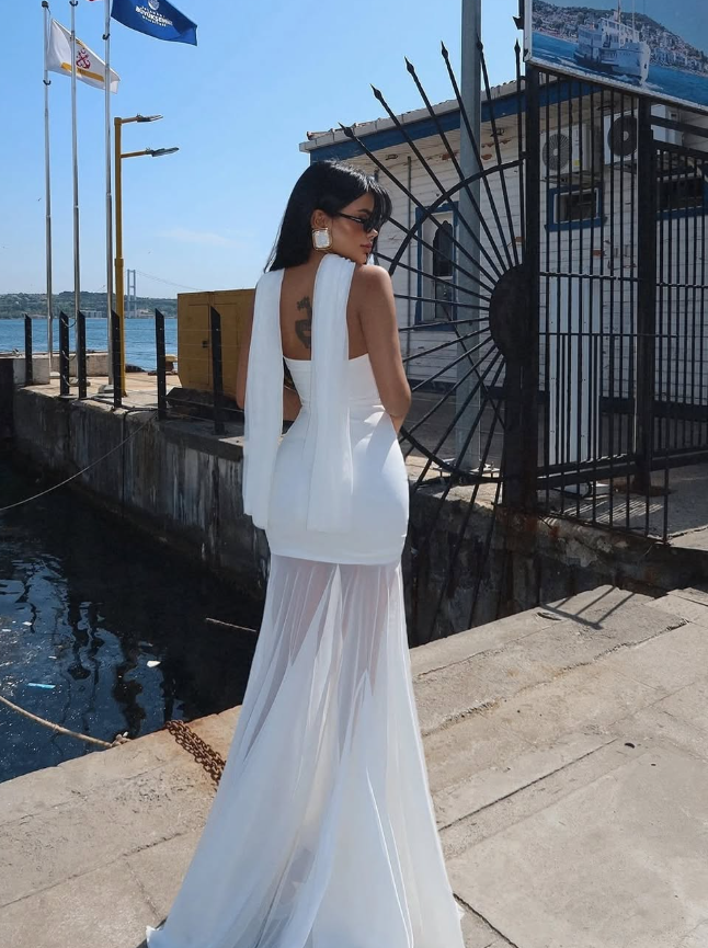 Simple White Mermaid Strapless Chiffon Satin Date Dress Prom Dress SH3885