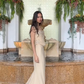 Sexy Two Piece Mermaid Straps Appliques Apricot Chiffon Long Prom Dress SH5339