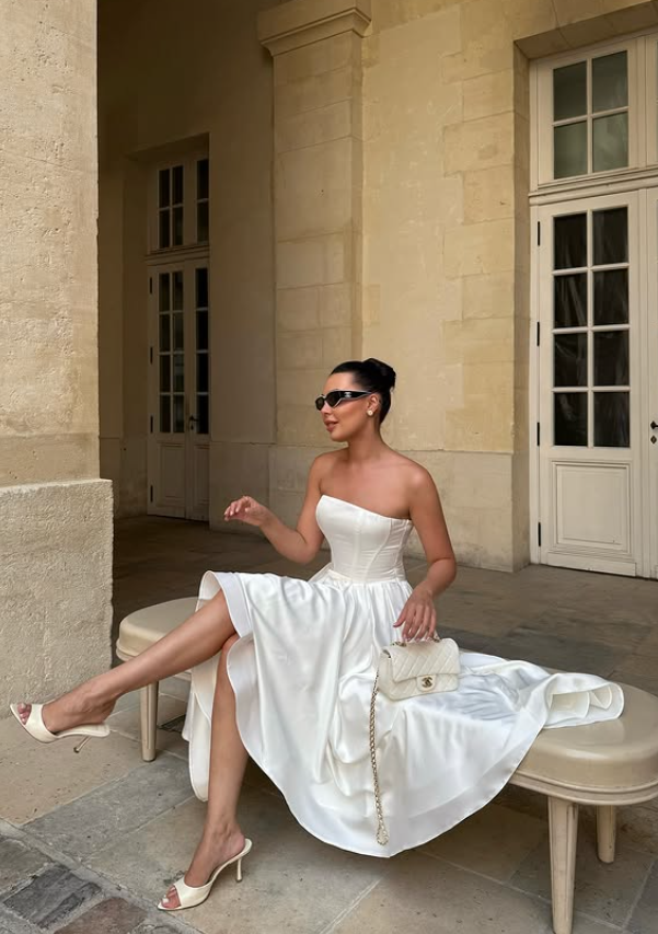 Simple White A Line Strapless Corset Satin Prom Dress Evening Dress SH6603