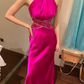 Vintage Mermaid Halter Beaded Sequin Pink Satin Long Open Back Party Dress Cocktail Dress SH2947