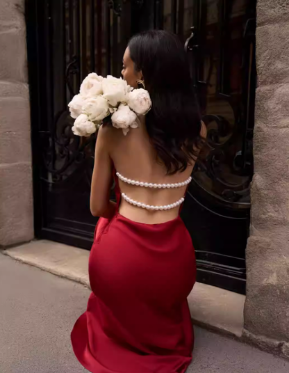 Elegant Mermaid Halter Pearl Burgundy Satin Long Evening Dress Party Dress SH3030