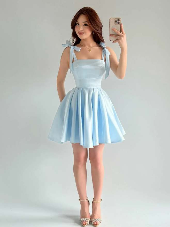 Baby Blue A Line Bow Straps Satin Short Prom Dress Homecoming Dress SH6009