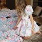Blue Pink Print Floral A Line Puff V Neck Chiffon Short Homecoming Dress Outfits SH3700