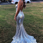 Shiny Sexy Mermaid Straps Silver Sequin Evening Dress Pretty Prom Dresses P7684
