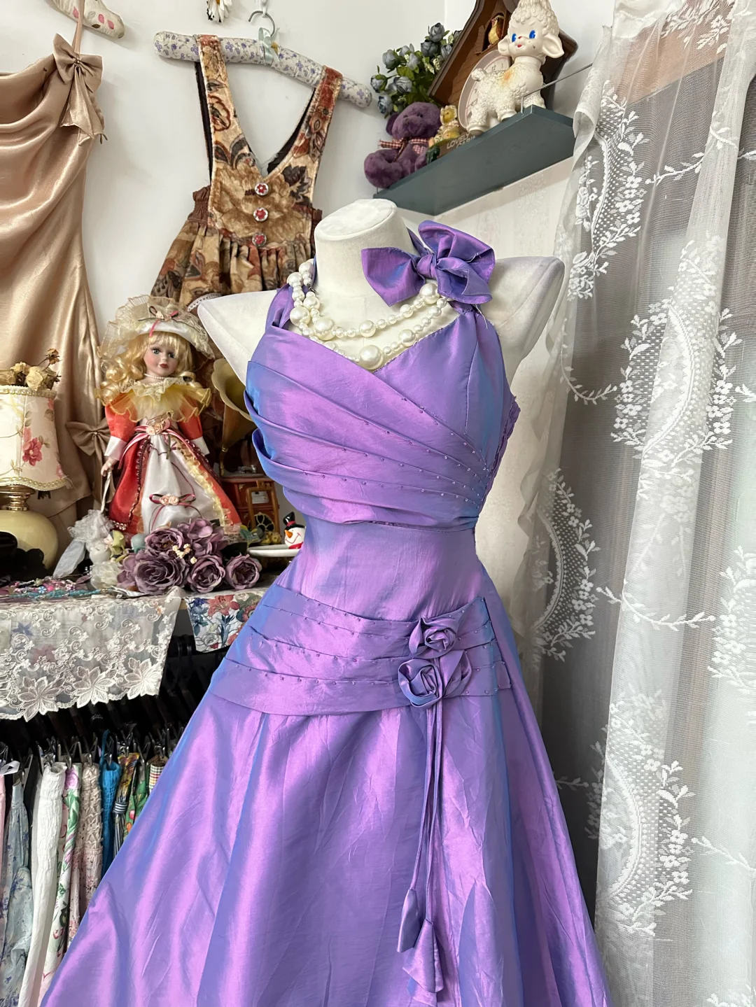 Vintage Romantic Purple A Line Spaghetti Strap Bow Satin Prom Dress Evening Dress SH5627