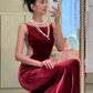 Burgundy Mermaid Velvet Open Back Long Prom Dress Wedding Guest Dress SH4385