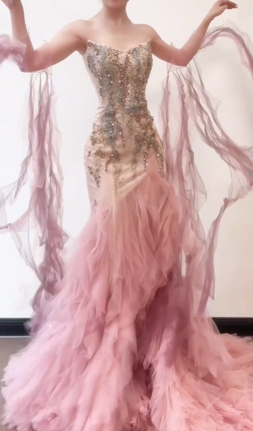 Romantic Pink Mermaid Strapless Exquisite Beaded Tulle Long Prom Dress SH5035