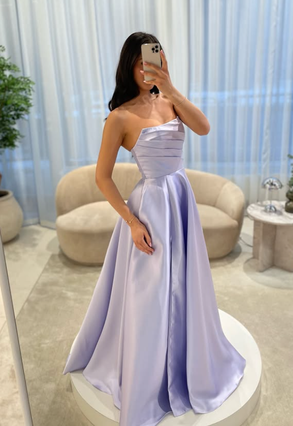 Gentle Lilac A Line Strapless Satin Long Prom Dress Party Evening Dress SH5702