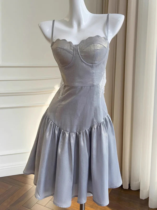 Grey A Line Spaghetti Strap Beaded Satin Short Homecoming Dress Cocktail Dress SH3870