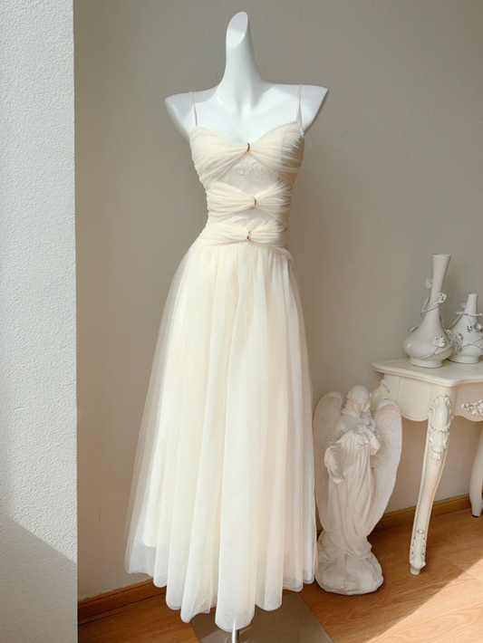 Light Apricot A Line Spaghetti Strap Lace Tulle Long Party Dress Evening Dress SH3134