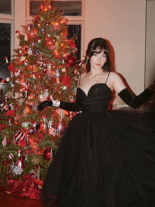 Cute Ball Gown Spaghetti Strap Black Tulle Long Prom Dress Party Dress SH5318