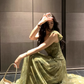 Green Gentle A Line Straps V Neck Print Floral Chiffon Prom Dress Party Dress Outfits SH5060