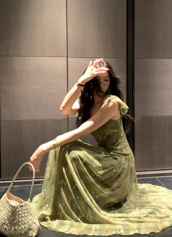 Green Gentle A Line Straps V Neck Print Floral Chiffon Prom Dress Party Dress Outfits SH5060