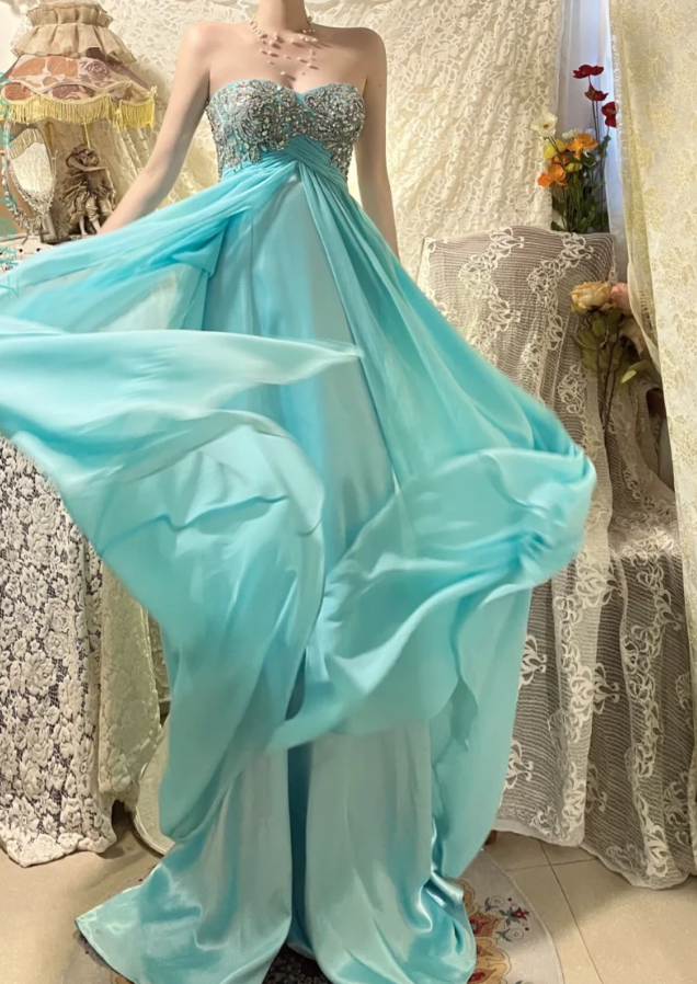 Blue A Line Sweetheart Neck Rhinestone Chiffon Satin Prom Dresses 16th Birthday Dresses SH4638